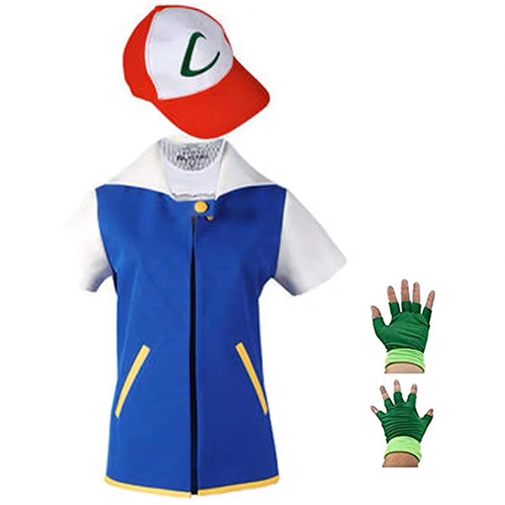 Pokemon Cosplay Anime Ash Ketchum Clothes Men Blue Jacket Costume Boys Girls Cosplay for Party Trainer Pokemon Cap Gloves Set