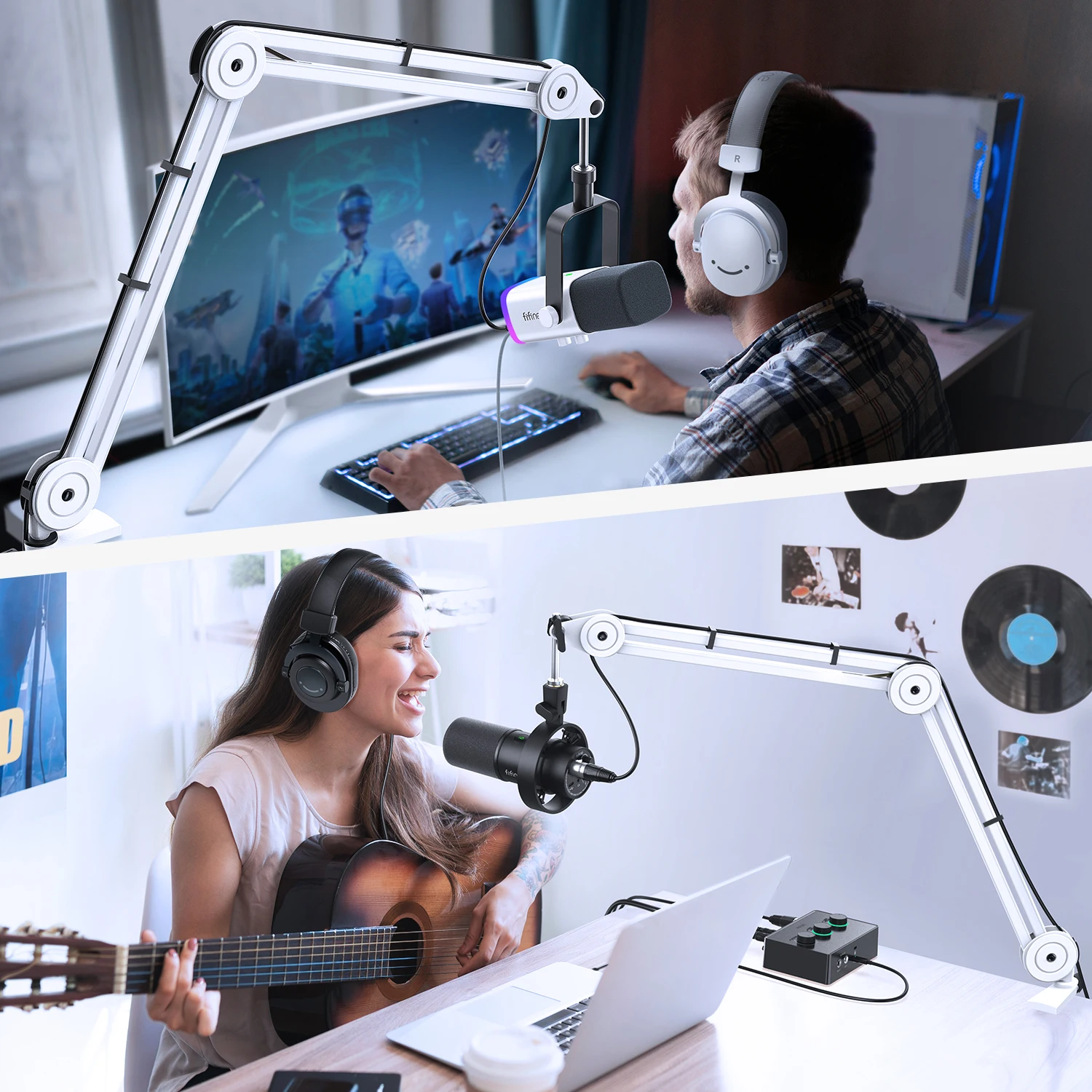 FIFINE Microphone Articulated Arm Adjustable Heavy Duty Boom Arm Mic Stand for AM8 K688 Gaming Podcasting Recording-BM63W microphone stand