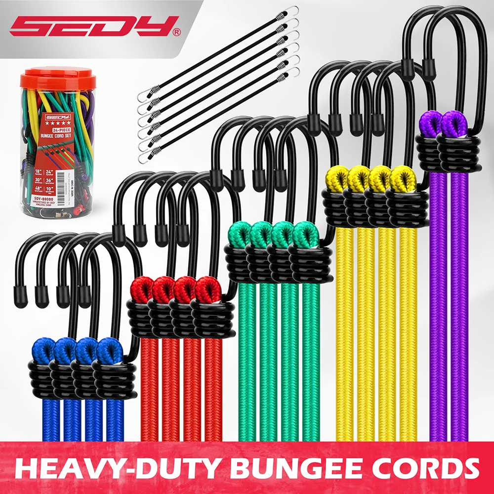 SEDY 24-Piece Heavy Duty Bungee Cords Set with Hooks, Assorted Sizes 10"-48" in Storage Jar, Ideal for Camping, Tents