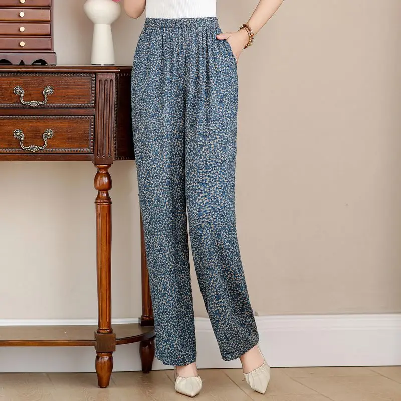 Spring Summer Women's Clothing Elastic High Waisted Pockets Sweatpants Plant&Flowers Printing Trousers Straight Elegant Pants