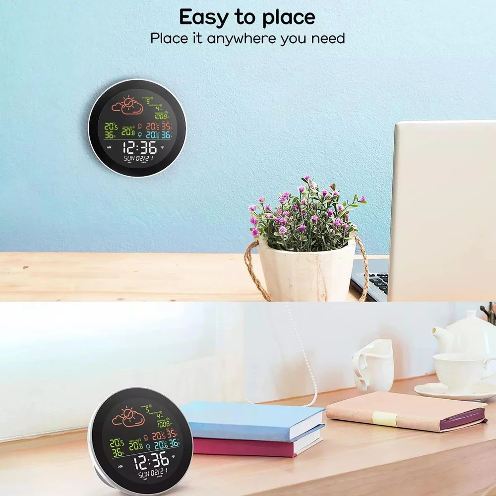 Tuya WiFi 기상 관측소, 컬러 LCD 시계, 실내외 온도 및 습도 센서, 기..