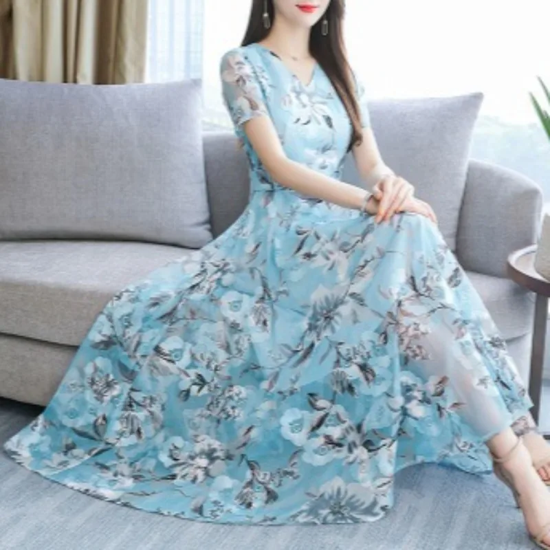 New Summer Women Chiffon Printed Dress V-neck Long Slim Dress Korean Version Plus Size Vacation Beach Female Clothes