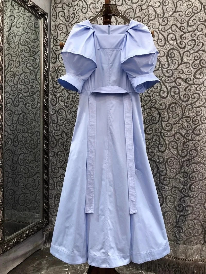 

100%Cotton Long Dress 2024 Spring Summer Fashion Designer Clothing Women Belt Deco Short Sleeve White Blue Black Long Maxi Dress