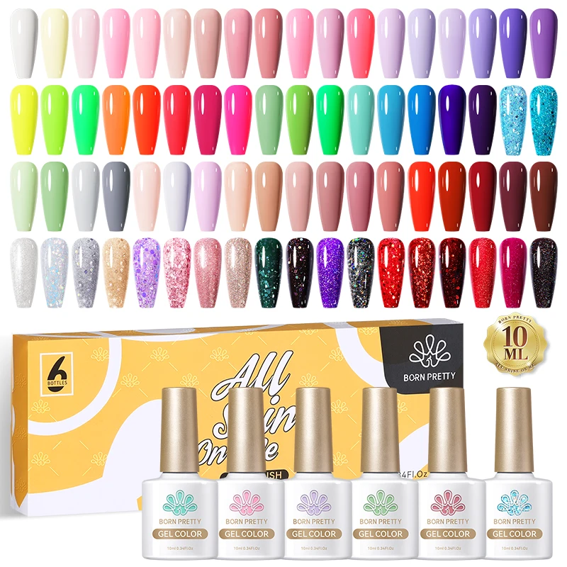 BORN PRETTY 10ml Glitter Gel Polish Set For Manicure Hybrid Varnishe Sparking Shining Soak Off Semi Permanant Gel Nail Kit 6
