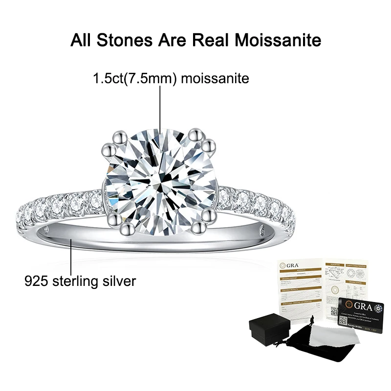 D warna penuh Moissanite cincin pertunangan 925 perak murni