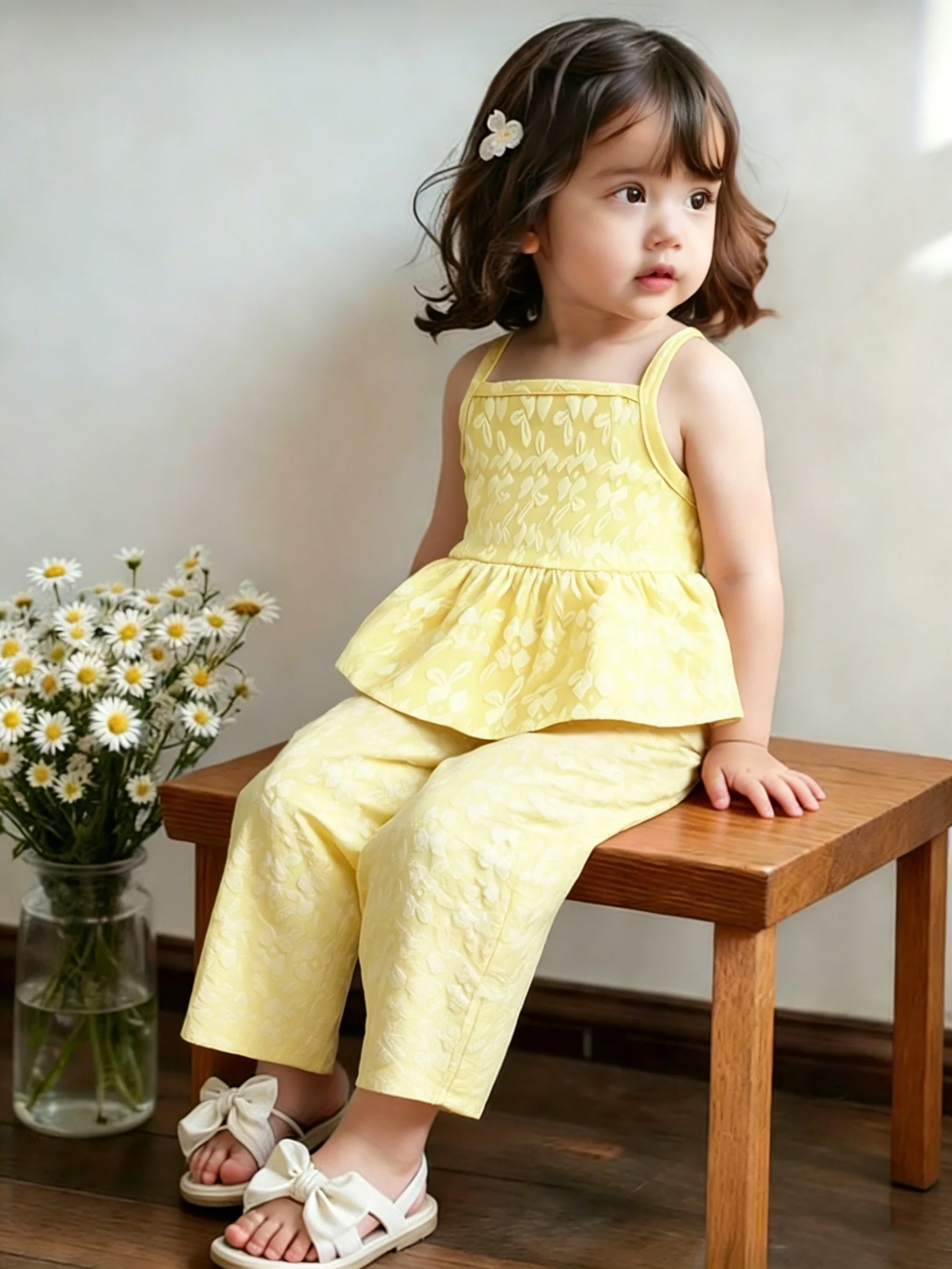 2-teiliges Sommer-Jacquard-Cami-Set für Mädchen, 2–7 Jahre, gelbes Schößchenoberteil mit Rüschensaum + Hose mit weitem Bein, lässige Alltags-/Party-/Outdoor-Kleidung, atmungsaktiv – Detail 1