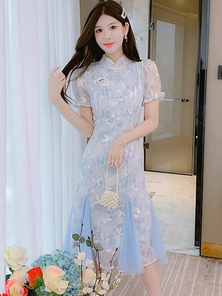 

Blue Embroidery Floral Puff Sleeve Elegant Ruffled Long Dress Summer Bodycon Chic Kawaii Dress 2024 Korean Casual Ladies Dresses
