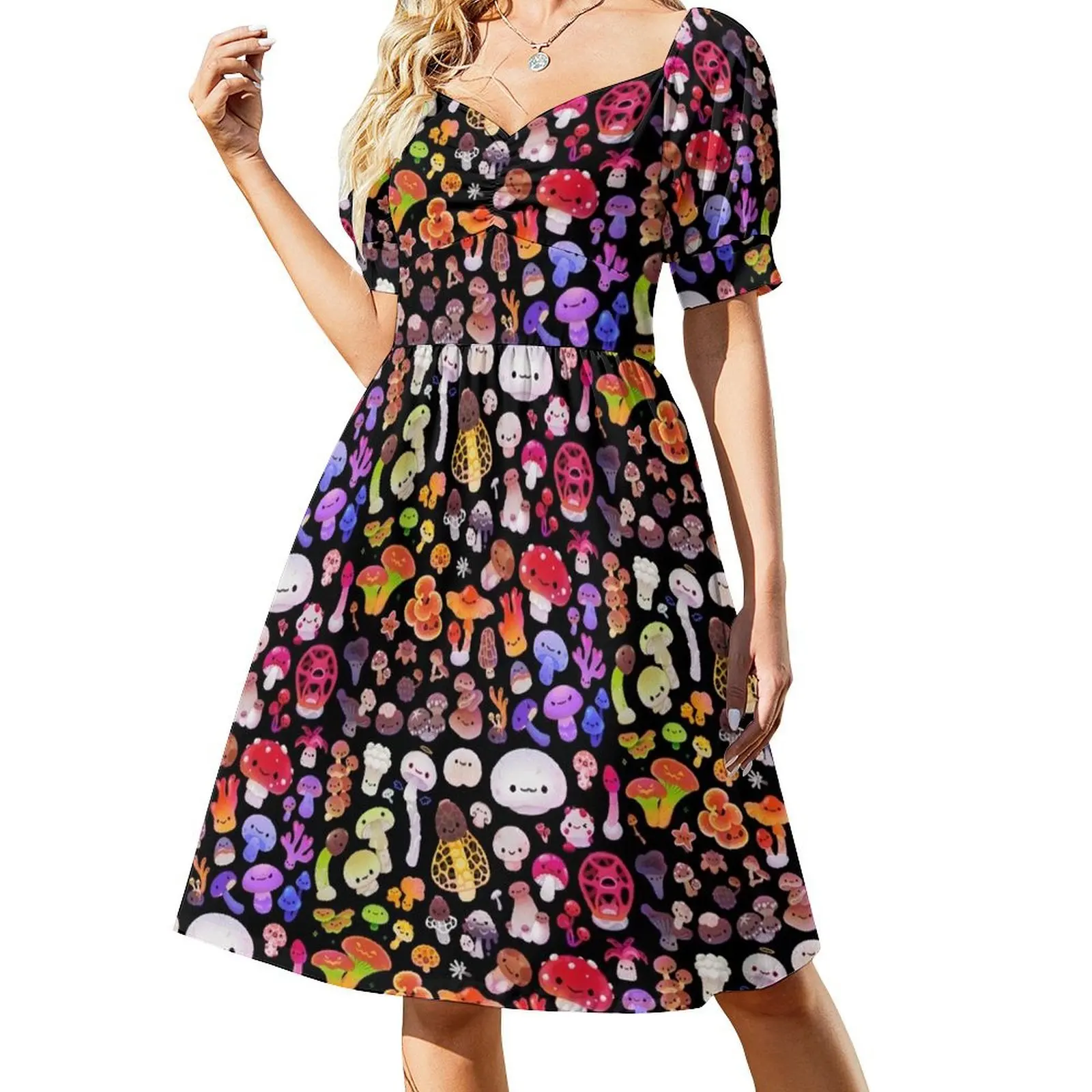 thumbnail image 1 of Vestido de manga corta con estampado de setas, vestido de noche para mujer, vestido largo para mujer, vestidos de verano para mujer, 1 of 7