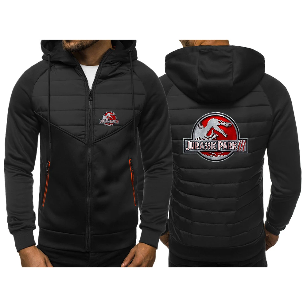 2023 New Men Jurassic Park Tricolor Hooded Jacket Spring and Autumn Comfortable Casual Slim Patchwork Zipper Coat Long Sleeve