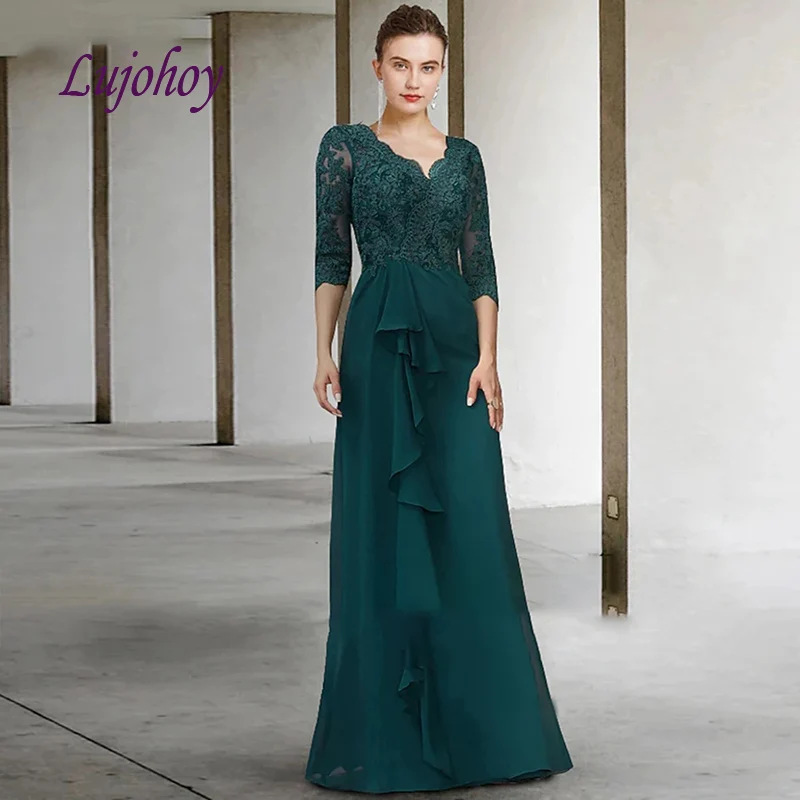 

Elegant Long Sleeve Lace Mother of the Bride Dresses Plus Size for Weddings Evening Formal Godmother Groom Dinner Gown