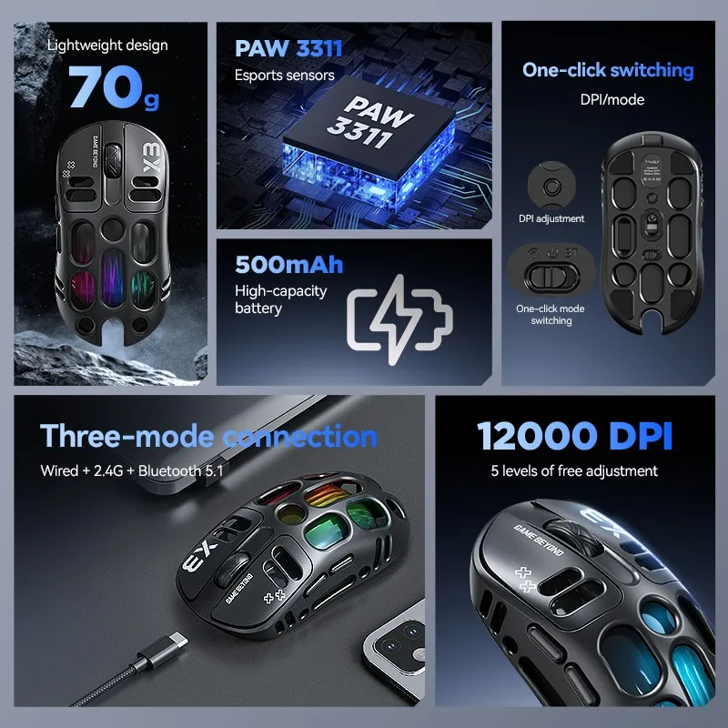 ماوس ألعاب لاسلكي خفيف الوزن RGB