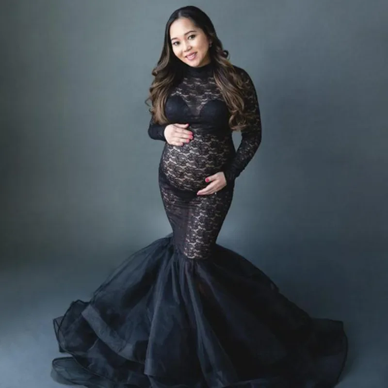 

Pregnant Dress New Maternity Photography Props For Shooting Photo Pregnancy Clothes Lace Turtleneck Gown