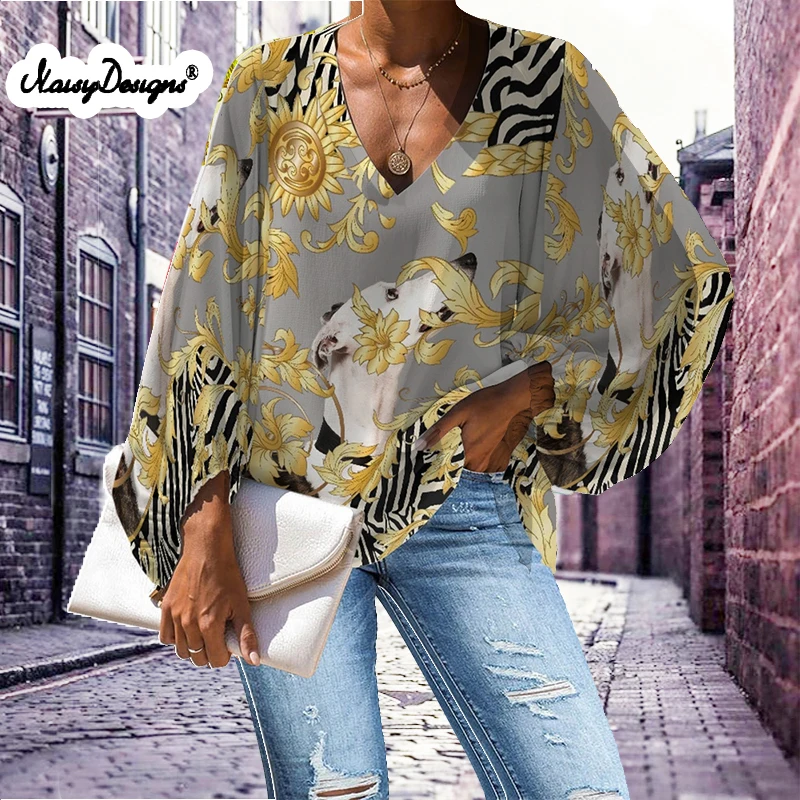 

Noisydesigns Роскошные Цветочные блузки для женщин Мода 2022 элегантный серый собака животные шаблон шифоновая одежда 4XL дропшиппинг