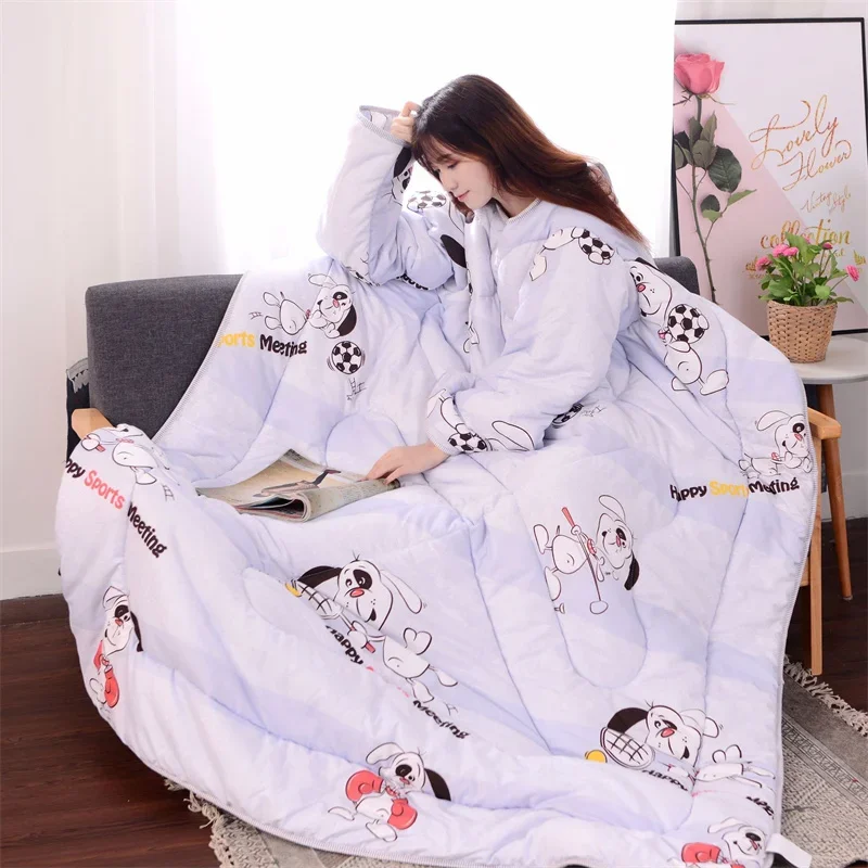 

New Winter Warm Lazy Quilt with Sleeves Mechanical Wash Office Nap Covered Blanket Lovely Cartoon Print Wearable Quilted Quilts