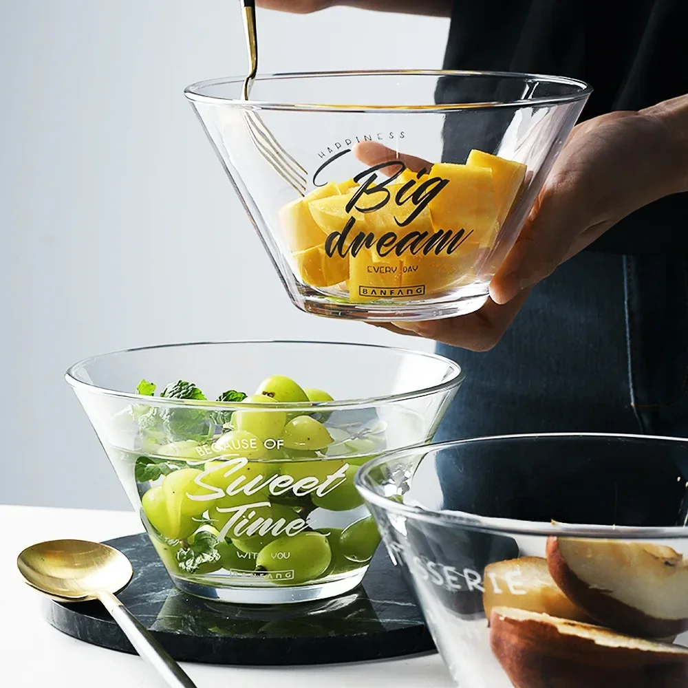 Transparent Glass Salad Bowl English Letter Dinner Plates Soup container Deep Dish Dinnerware Kitchen Accessories For Fruit Soup