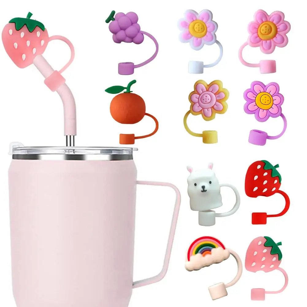 Lovely Flower Straw Covers Cap Toppers For Stanley Tumbler Cups,Reusable Cute Strawberry Silicone Straw Tips Protect Access T6L6