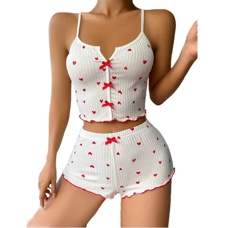 Women Pajamas Set Heart Print Silk V-Neck Sleeveless Shorts