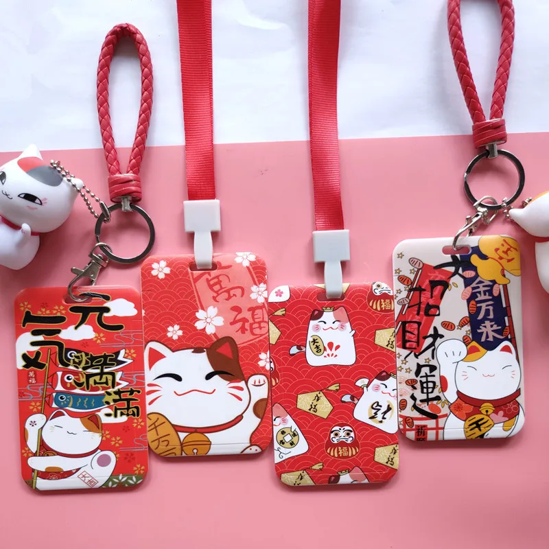 Cute Waving Lucky Fortune Cat Card Holder for Student Campus Meal Card Bag Badge Long Lanyard Access Card Subway IC Card Holders cute baby long spike warm hat cute baby owl crochet hat children s headsets ear protection hat baby photography prop animal hat