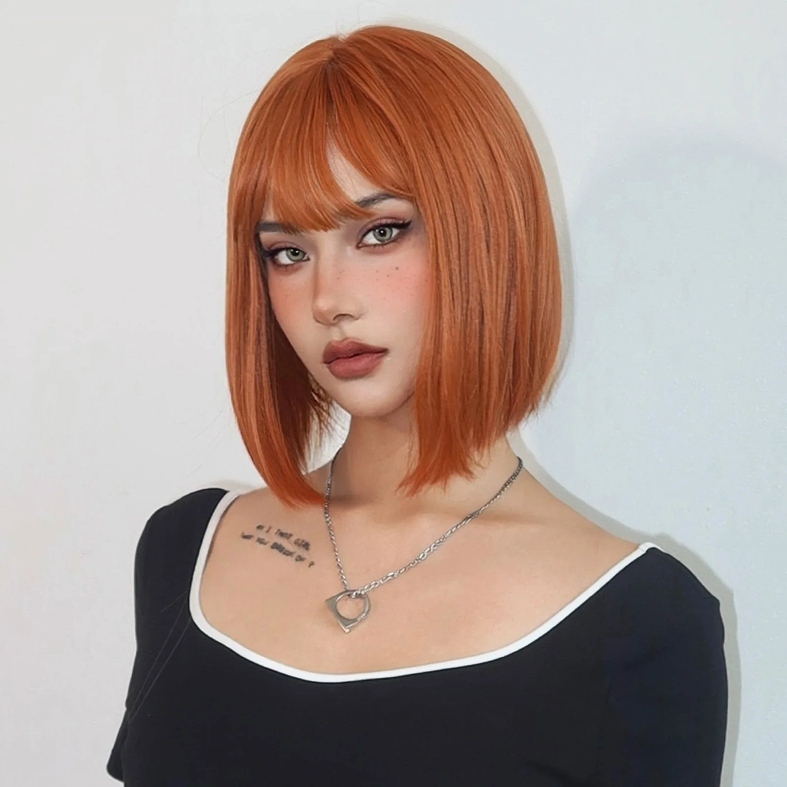 Copper Brown Bob short Bangs Wig Hairuwear Ginger/Copper red bob wig, Inverted / A-Line style  main image 2