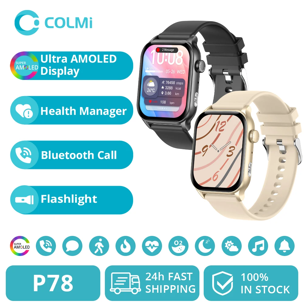COLMI P78 AMOLED Smartwatch Display da 1,95 '' con torcia e chiamate vocali 100+ modalità sportiva Monitor sanitario Uomo Donna Smart Watch