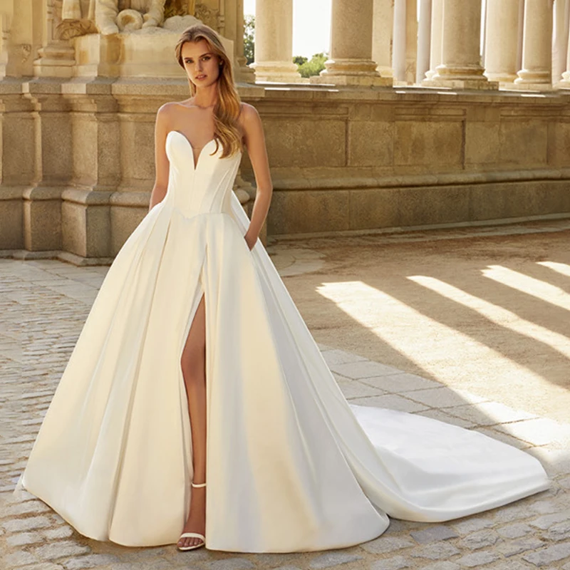 

Женское свадебное платье с разрезом сбоку, бальное платье с открытыми плечами и карманами, свадебные платья на бретелях-спагетти