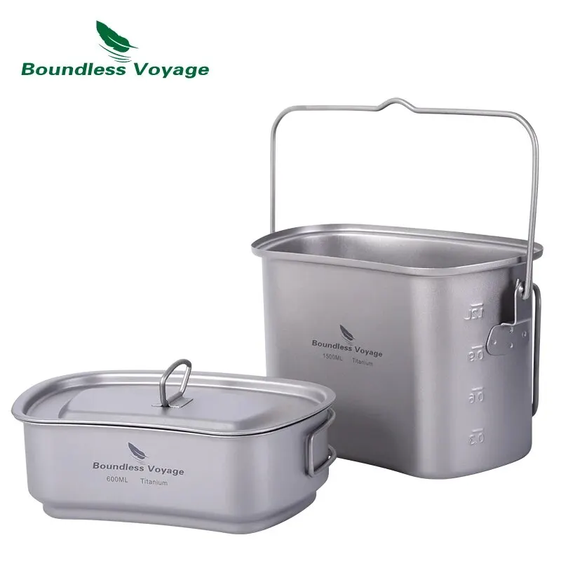 Titanium Hanging Pot Cup Cooking Set with Lid Folding Handles Outdoor Camping Cookware Mess Kit 1500ML + 600ML camping cookware set camping cookware kitchen utensils