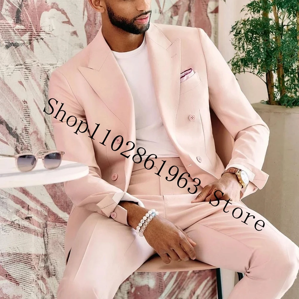 New Arrival Pink Men Suits Slim Fit Double Breasted 2 Pieces Male Suits Groom Tuexdos For Wedding Blazer Pants Costume Homme
