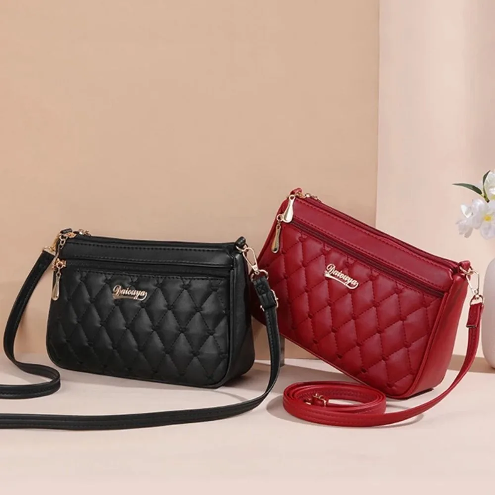 

PU Leather Crossbody Bag Portable Zipper Lingge Embroidery Shoulder Bag Large Capacity Solid Color Messenger Bag Ladies