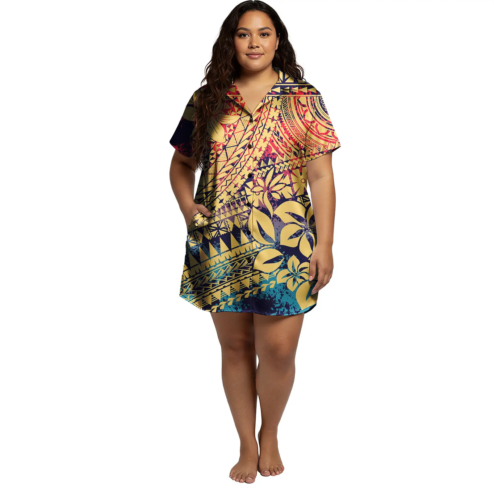 Summer Beach Plumeria Sexy Turn-down Collar Dress Polynesian Clothes Hawaiian Tribal Design Dresses Plus Size Customized Dress