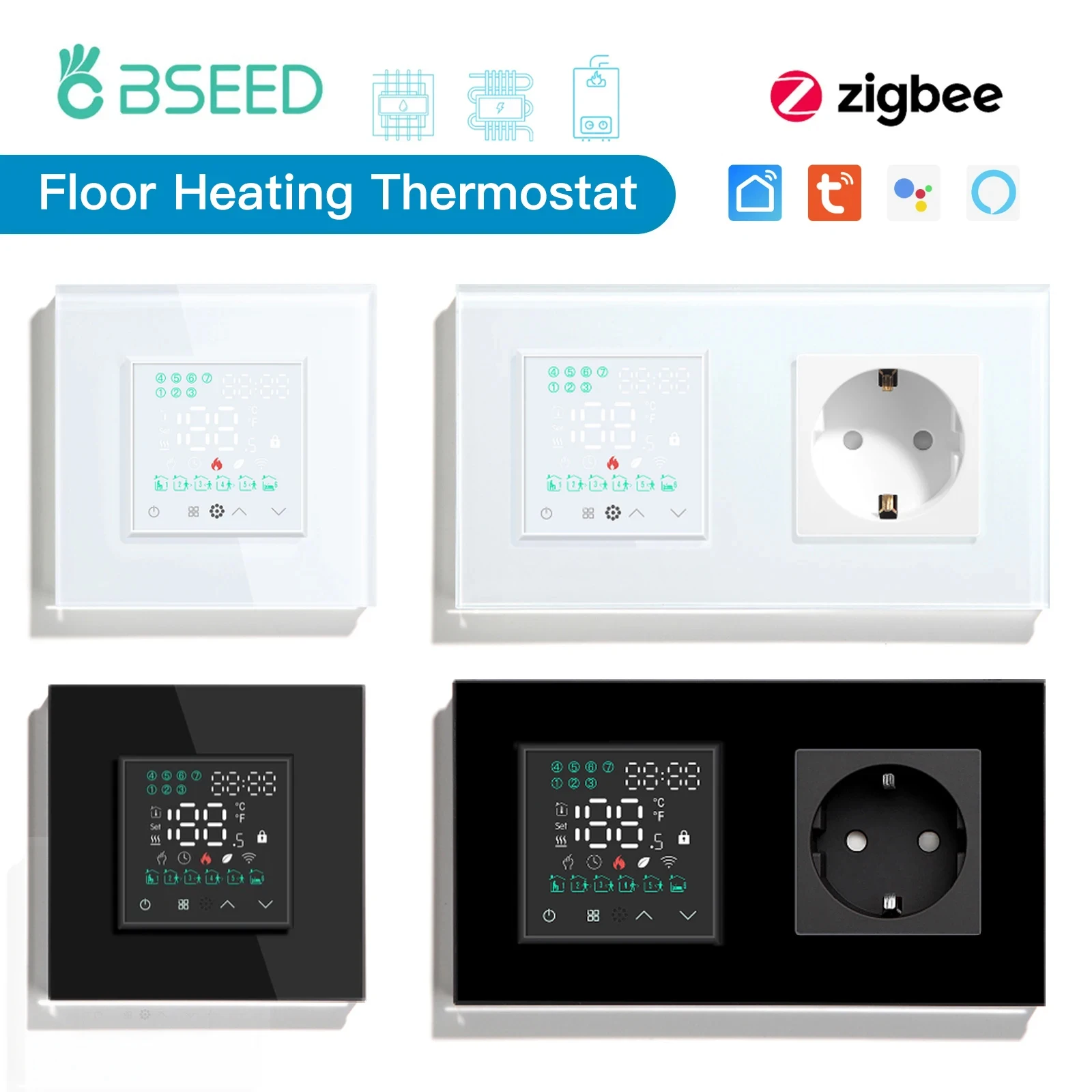 BSEED หน้าจอสัมผัสเครื่องทําความร้อนใต้พื้นไฟฟ้าน้ําหม้อต้มเทอร์โมห้อง ZigBee Alexa Google App อุณหภูมิ Backlight 1