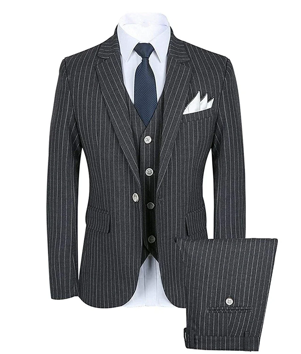 New Grey Strips Groom Suit Cheap Formal Man Suits for Wedding Best Men Slim Fit Groom Tuxedos for Man(Jacket+Vest+Pants)