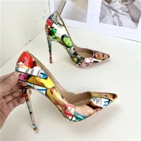 Colorful Print Leather Women's Pointed Toe Stilettos Sexy Ladies Banquet Slip-On High Heels 8cm 10cm 12cm wedding Shoes - Image 5
