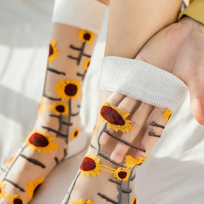 Women Ladies Summer Thin Breathable Flowers Birds Art Cat Animal Print Harajuku Long Cotton Transparent Crystal Glass Silk Socks