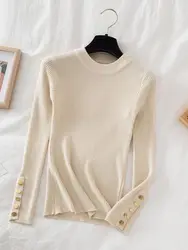 Khaki Chic Button O-Neck Slim Knit Sweater - Women's Casual Autumn/Winter Pullover Jumper - One Size (Beige)