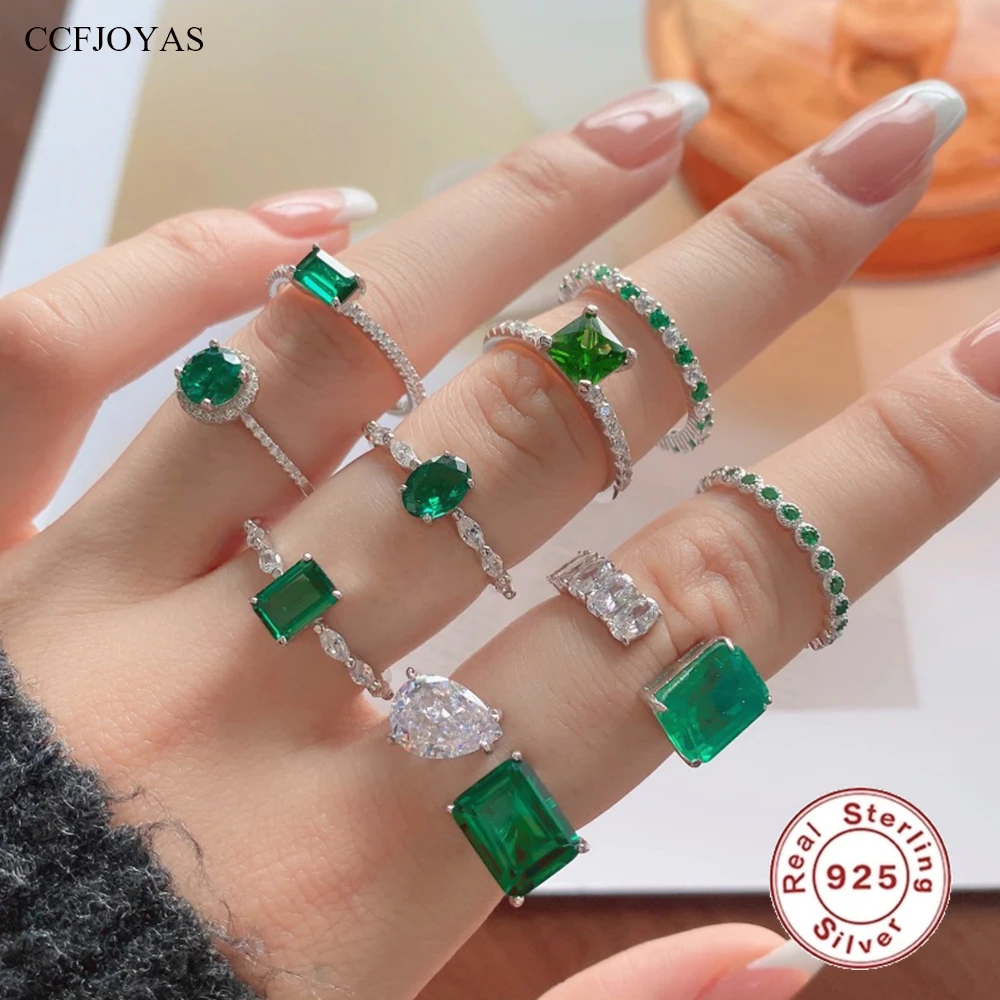 

CCFJOYAS 100% Real 925 Sterling Silver Emerald Zircon Rings for Women High Quality Retro Light Luxury Gemstone Ring Party Jewelr