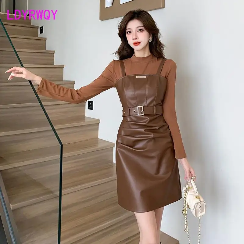 Set of leather dresses with suspenders  new long sleeved style retro waistband slimming PU leather dress set of 2