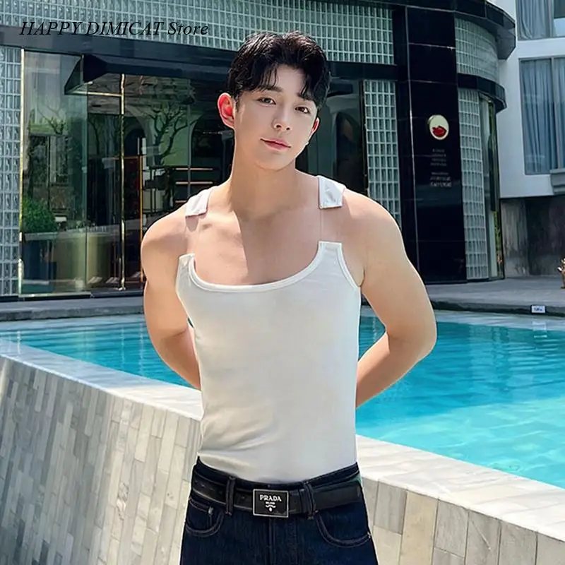 

Men's Solid Color Slim T-shirt Spring Trendy New Fashion Male Vest Patchwork Personality Sleeveless Top