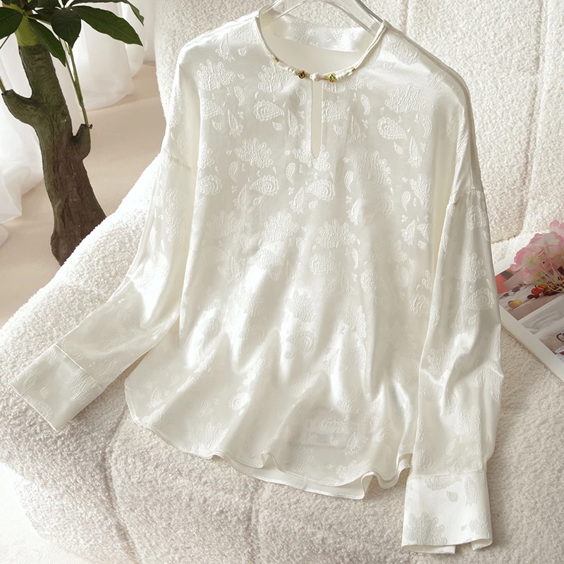 

100% Real Silk Women's Print Shirt Spring Summer Elegant Shirts Blouses For Women Long Sleeve Tops Woman Vintage Blouse Loose