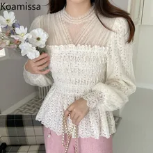 

Koamissa Blouses Women Elegant Stand Floral Lace Shirt Spring Autumn Long Sleeve Mesh Tops Korean style White Slim Office Blusas