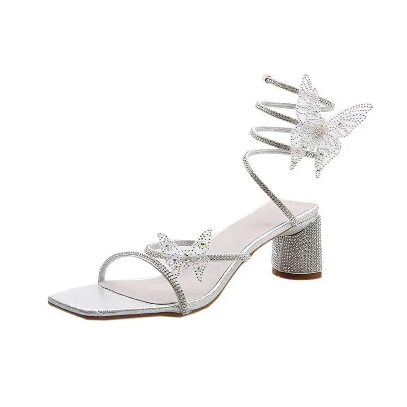

New Sexy Club Banquet Women's Shoes High-heel Snake Wrap Strap Ankle Clear Crystal Heels Summer Womens Sandals Gold Pink Heels