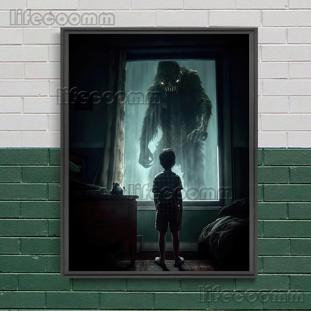 Chilling Horror Illustrations Art Poster Print - Brave Children Confront Terrifying Monsters Wall Canvas Home Decor