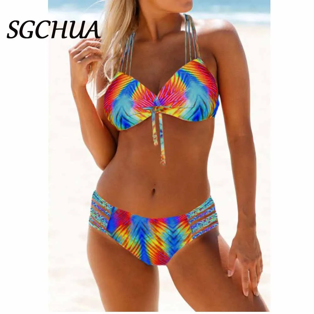 

Бандажный комплект бикини размера плюс XXXL с принтом Raimbow, низкая талия, два предмета, танкини, купальник с бантом сзади, новинка, бикини, Famale