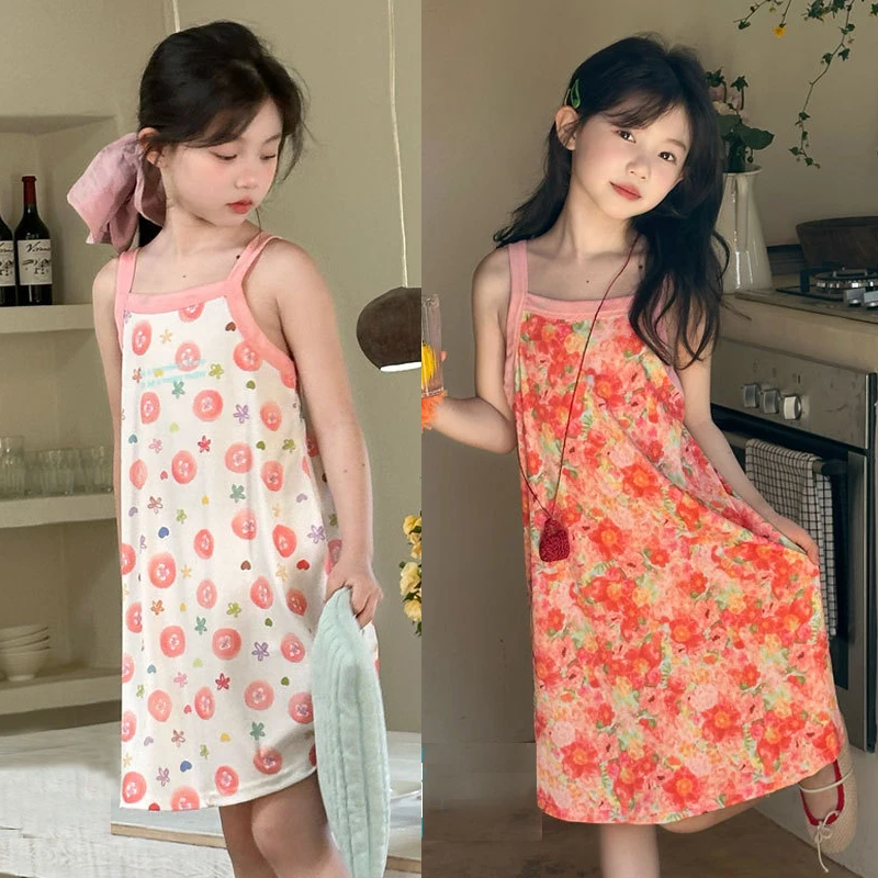 Kids Girls 100% Cotton Nightgown Cartoon Nightdress Girl Sleepwear Nightie Summer Short Sleeves Nightwear Children Clothes 1