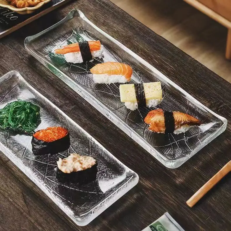 Japanese transparent glass long plate household palm print sushi plate sashimi cooking condiment dish tableware