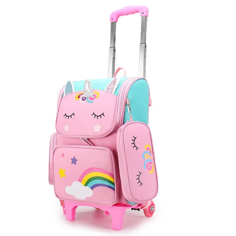 

Cartoon Unicorn School Bags Wheeled Backpack for girls Trolley Bag with Wheels Student Kids Rolling Backpack Trolley Bag