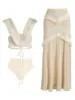 2025 New Women Two Piece Set Skirt Suit V Neck Top Skirt Sleeveless Sweet Waist Chic Slit Skirt Beach Dance Robe 2