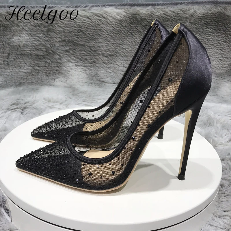 

Heelgoo Summer Women Gauze Mesh Rhinestones Pointy Toe High Heel Shoes Elegant Stiletto Pumps Plus Size 33-46 Black White Nude