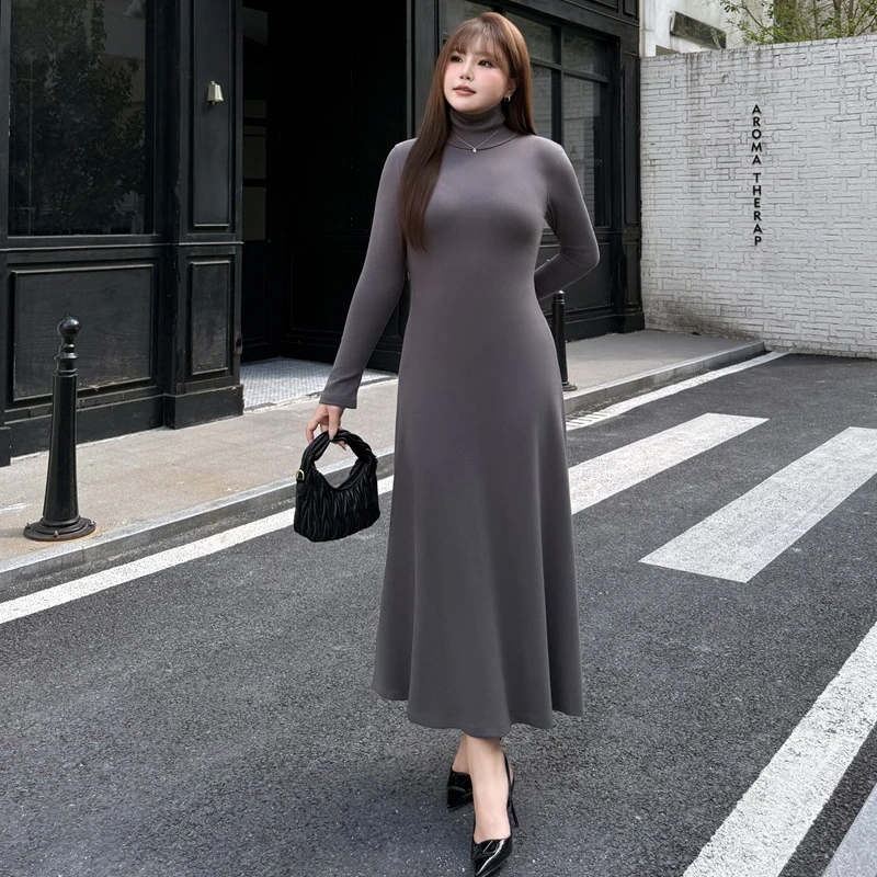 XXXXL Fashion Plus Size Women Dresses Premium Lycra Knitted waive-cinched A-Line high-neck Curves Slim French Base Dress 9429