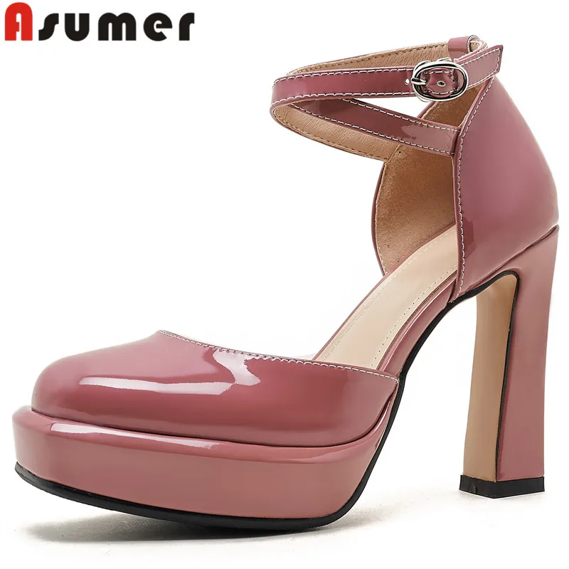 

ASUMER 2024 New Classics Ladies Buckle Summer Shoes Patent Leather Platform Sandals Woman Thick High Heels Dress Sandals