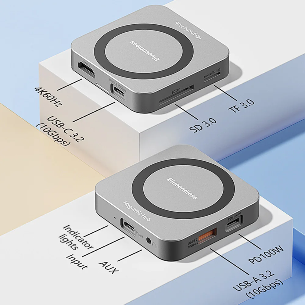 10Gbps M.2 마그네틱 SSD 인클로저 도킹 스테이션 타입-C USB3.2 스플리터 8in1 NVME 카드 리더 4K HDMI 아이폰 17/16/15 Pro용